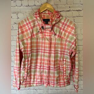 Lands’ End Pink Orange Tan Gingham Plaid Preppy Packable Rain Windbreaker XS